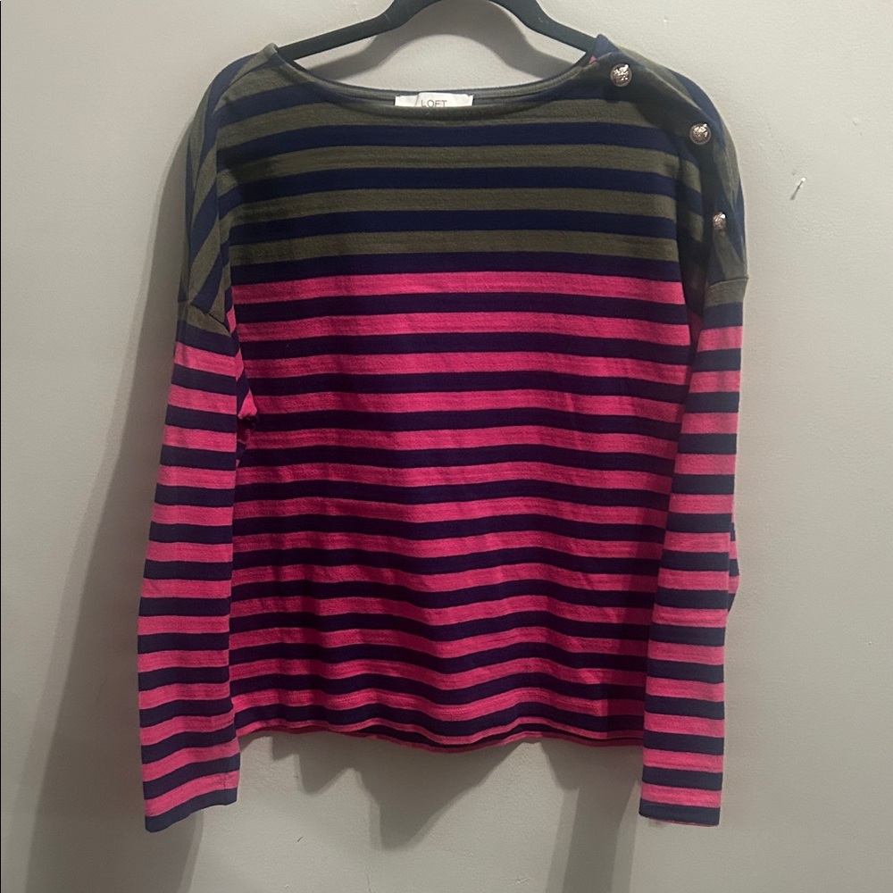LOFT Multicolor Striped Sweatshirt with Button Detail